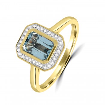 9ct Gold Blue Topaz and Diamond Octagonal Halo ring