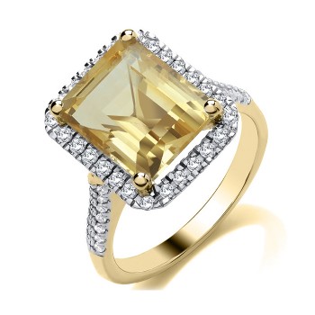 9ct Gold Citrine Diamond Halo ring