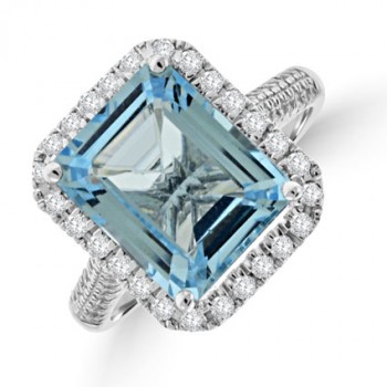9ct White Gold Blue Topaz Diamond Halo Ring