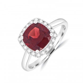 9ct White Gold Cushion Garnet Diamond Halo ring