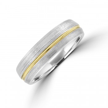 9ct White Gold 6mm Wedding Ring with a Yellow Gold line & Bead