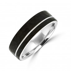 Tungsten Two tone Black Hammered  flat court band ring