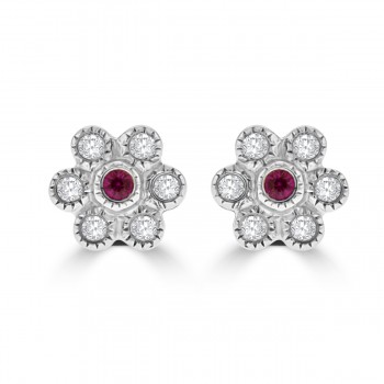 18ct White Gold Ruby & Diamond 6x1 Cluster Stud Earrings