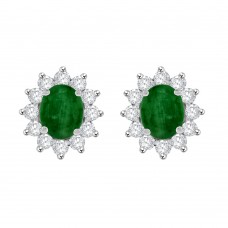 18ct White Gold Emerald & Diamond Oval Cluster Stud Earrings
