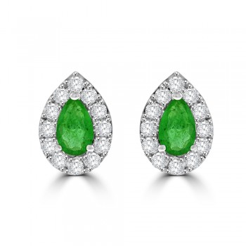 18ct White Gold Emerald Pear Halo Stud Earrings