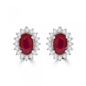 18ct White Gold Ruby & Diamond Oval Cluster Stud Earrings