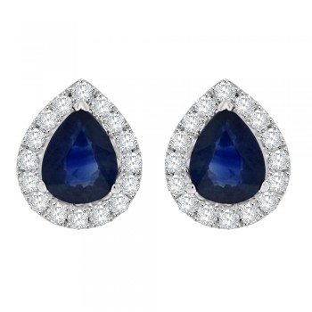 18ct White Gold Pear Sapphire Diamond Halo Stud Earrings