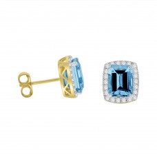 18ct Gold Emerald cut Aquamarine &  Diamond Halo Stud Earrings