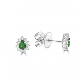 18ct White Gold Pear Emerald and Diamond Stud Earrings