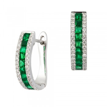 18ct White Gold Emerald and Diamond Huggy Hoop Earrings