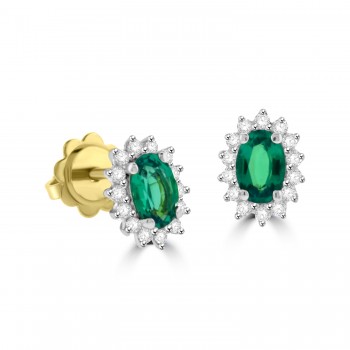 18ct Gold Emerald and Diamond Oval cluster stud earrings