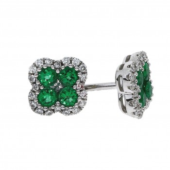 18ct White Gold Emerald and Diamond Clover stud earrings