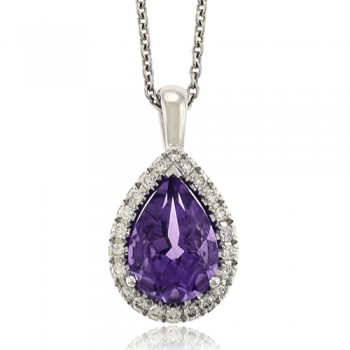 18ct White Gold Amethyst Diamond Halo Pendant