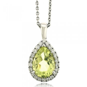 18ct White Gold Lime Quartz Diamond Halo Pendant Chain