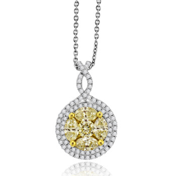 18ct White Gold Yellow Diamond Halo Cluster Pendant