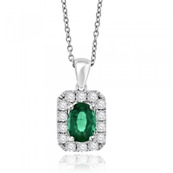 18ct White Gold Emerald & Diamond Halo Pendant Chain