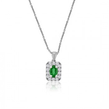 18ct White Gold Emerald & Cushion Diamond Halo Pendant Chain