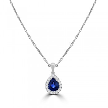 18ct White Gold Pear Sapphire Diamond Halo Pendant
