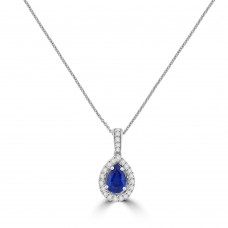 18ct White Gold Pear Sapphire Diamond Halo Pendant Chain