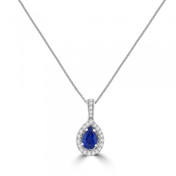 18ct White Gold Pear Sapphire Diamond Halo Pendant Chain