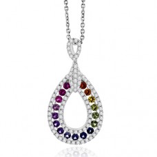 18ct White Gold Rainbow Sapphire & Diamond Drop Pendant