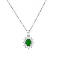 18ct White Gold Emerald & Diamond Oval Cluster Pendant Chain