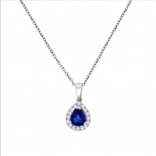 18ct White Gold Sapphire Pear Diamond Halo Pendant Chain