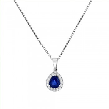 18ct White Gold Sapphire Pear Diamond Halo Pendant Chain