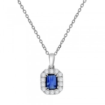 18ct White Gold Emerald cut Sapphire & Diamond Pendant Chain