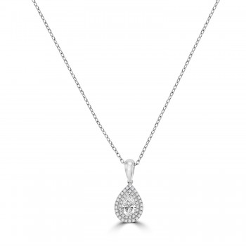 18ct White Gold Pear cut Diamond Double Halo Pendant Chain
