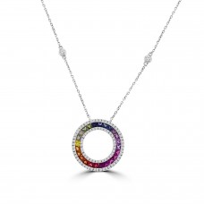 18ct White Gold Rainbow Sapphire & Diamond Circle Pendant Chain