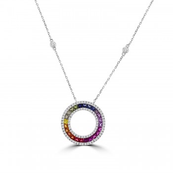 18ct White Gold Rainbow Sapphire & Diamond Circle Pendant Chain 18ct White Gold Rainbow Sapphire & Diamond Circle Pendant Chain