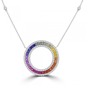 White Gold Rainbow Sapphire & Diamond Circle of Life Pendant