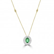18ct Gold 1.60ct Emerald Oval double Diamond Halo Pendant Chain