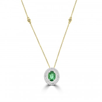 18ct Gold 1.60ct Emerald Oval double Diamond Halo Pendant Chain