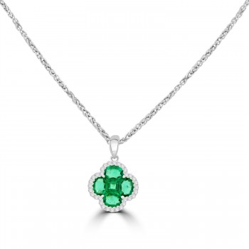 18ct White Gold Emerald and Diamond Clover Pendant
