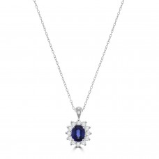 18ct White Gold Sapphire and Diamond Oval Cluster Pendant Chain