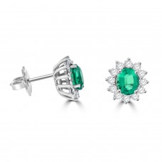 18ct White Gold Emerald and Diamond Oval Cluster Stud Earrings
