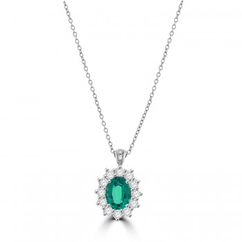 18ct White Gold Emerald and Diamond Oval Cluster Pendant Chain