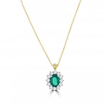 18ct Gold Emerald and Diamond Oval Cluster Pendant Chain