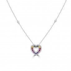 18ct White Gold Rainbow Sapphire Diamond Heart Pendant Chain