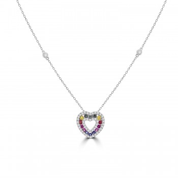 18ct White Gold Rainbow Sapphire Diamond Heart Pendant Chain