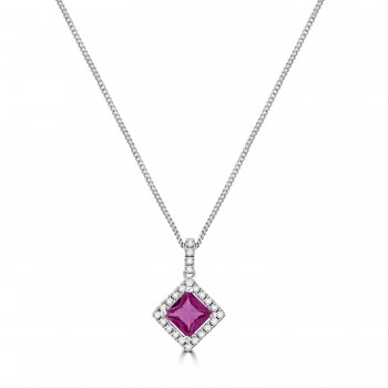 18ct White Gold Pink Sapphire square Diamond Halo Pendant