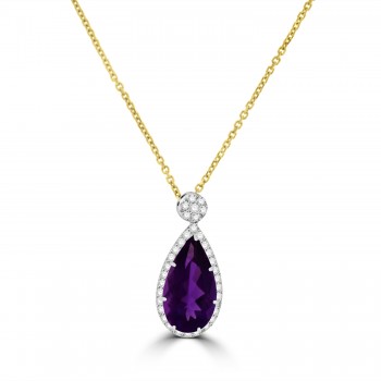 18ct Gold Amethyst Pear Diamond Halo pendant chain