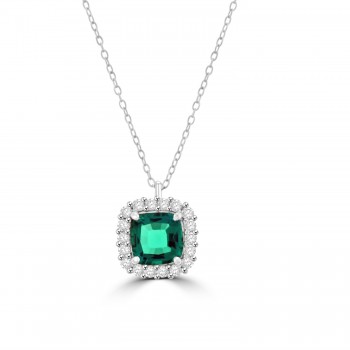 18ct White Gold Cushion .81ct Emerald Diamond Halo pendant