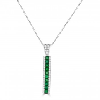 18ct White Gold Three-row Emerald and Diamond Bar pendant chain
