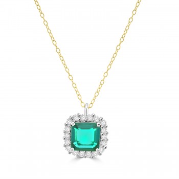 18ct Gold Emerald and Diamond Cushion Halo Pendant chain