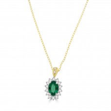 18ct Gold Emerald and Diamond Oval Cluster pendant chain