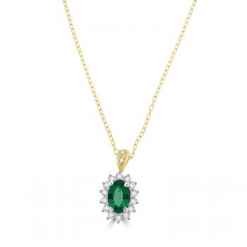 18ct Gold Emerald and Diamond Oval Cluster pendant chain