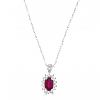 18ct White Gold Ruby and Emerald Oval Cluster pendant chain